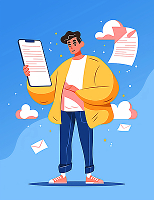 JPG 전신 남자 종이 일러스트 편지봉투 한명 들기 성인 파란색 스마트폰 디지털 정보 이메일 플랫 문서 파일 성인남자한명만 빅데이터 국내일러스트 AI일러스트 AI콘텐츠 1 컬러 모션 봉투 사람 핸드폰 스마트기기 편지 남자한명만 성인남자만 파일형식 4차산업