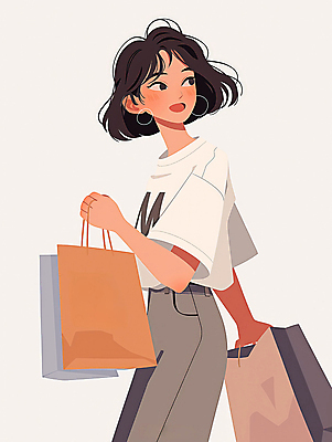 JPG 디자인 여자 일러스트 한명 미소 들기 상반신 성인 일상 쇼핑 쇼핑백 걷기 귀걸이 단발머리 만화 즐거움 외출 성인여자한명만 국내일러스트 AI일러스트 AI콘텐츠 1 헤어스타일 감정 가방 장신구 모션 표정 사람 라이프 여자한명만 성인여자만 파일형식