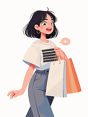 JPG 디자인 여자 일러스트 한명 미소 들기 상반신 성인 일상 쇼핑 쇼핑백 걷기 귀걸이 단발머리 만화 즐거움 외출 성인여자한명만 국내일러스트 AI일러스트 AI콘텐츠 1 헤어스타일 감정 가방 장신구 모션 표정 사람 라이프 여자한명만 성인여자만 파일형식