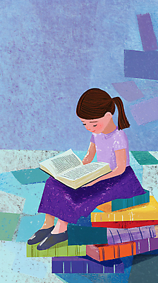 JPG 전신 여자 교육 어린이 일러스트 한명 앉기 소녀 책 독서 쌓기 보라색 물감 질감 창의력 소녀한명만 국내일러스트 AI일러스트 AI콘텐츠 1 컬러 모션 사람 미술도구 여자한명만 소녀만 파일형식