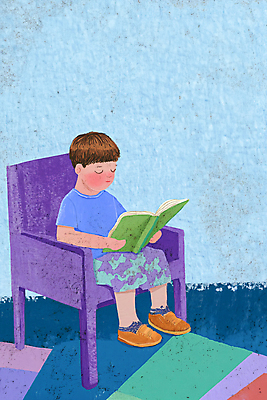 JPG 전신 교육 남자 어린이 의자 일러스트 한명 앉기 소년 책 독서 보라색 물감 질감 창의력 소년한명만 국내일러스트 AI일러스트 AI콘텐츠 1 컬러 가구 모션 사람 미술도구 남자한명만 소년만 파일형식