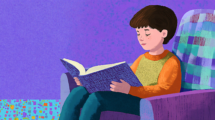 JPG 전신 교육 남자 어린이 일러스트 한명 앉기 소년 책 소파 독서 보라색 물감 질감 창의력 소년한명만 국내일러스트 AI일러스트 AI콘텐츠 1 컬러 의자 모션 사람 미술도구 남자한명만 소년만 파일형식