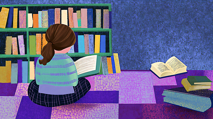 JPG 여자 교육 어린이 일러스트 책장 한명 앉기 소녀 책 독서 보라색 물감 질감 창의력 소녀한명만 국내일러스트 AI일러스트 AI콘텐츠 1 컬러 가구 모션 사람 미술도구 여자한명만 소녀만 파일형식