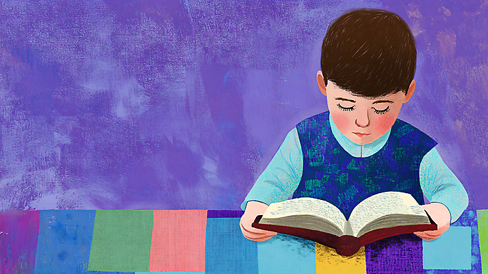 JPG 교육 남자 어린이 일러스트 한명 소년 상반신 책 독서 보라색 물감 질감 창의력 소년한명만 국내일러스트 AI일러스트 AI콘텐츠 1 컬러 사람 미술도구 남자한명만 소년만 파일형식