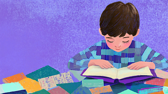 JPG 교육 남자 어린이 일러스트 한명 소년 상반신 책 독서 보라색 물감 질감 창의력 소년한명만 국내일러스트 AI일러스트 AI콘텐츠 1 컬러 사람 미술도구 남자한명만 소년만 파일형식