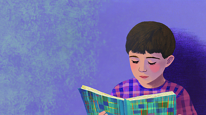 JPG 교육 남자 어린이 일러스트 한명 소년 상반신 책 독서 보라색 물감 질감 창의력 소년한명만 국내일러스트 AI일러스트 AI콘텐츠 1 컬러 사람 미술도구 남자한명만 소년만 파일형식