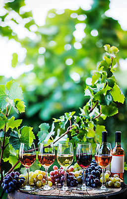 JPG 편집이미지 잎 와인잔 포도 사람없음 야외 와인 화이트와인 와인병 숙성 포도잎 편집실사 AI포토 AI콘텐츠 식물 술잔 과일 병_용기 주류 CG 파일형식