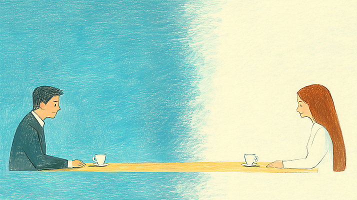 JPG 부부 여자 남자 일러스트 색연필 상반신 성인 두명 마주보기 커피잔 이별 싸움 청록색 갈등 부정적 이혼 성인만 국내일러스트 AI일러스트 AI콘텐츠 커플 감정 커피 컬러 컨셉 모션 학용품 잔 사람 파일형식