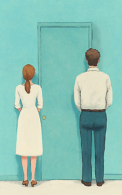 JPG 전신 부부 여자 남자 일러스트 색연필 서기 성인 두명 뒷모습 이별 현관문 싸움 청록색 갈등 부정적 이혼 성인만 국내일러스트 AI일러스트 AI콘텐츠 커플 감정 뷰포인트 컬러 컨셉 모션 학용품 사람 문 파일형식