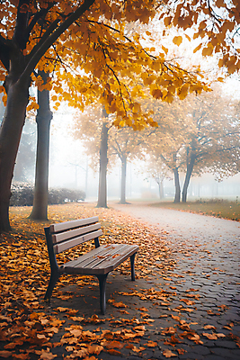 JPG 편집이미지 공원 단풍 낙엽 벤치 단풍나무 사람없음 야외 안개 가을 편집실사 AI포토 AI콘텐츠 나무 계절 공공시설 잎 의자 날씨 CG 파일형식