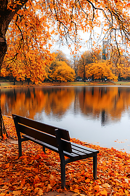 JPG 편집이미지 공원 호수 단풍 낙엽 벤치 단풍나무 사람없음 야외 반사 가을 편집실사 AI포토 AI콘텐츠 나무 계절 공공시설 잎 의자 CG 파일형식