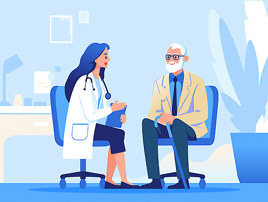 전신 여자 할아버지 노년 남자 의자 일러스트 의학 지팡이 병원 대화 앉기 성인 두명 치료 파란색 환자 의사 질병 상담 상담실 진료실 국내일러스트 AI파일 컬러 가구 모션 말하기 사람 진료 의료진 파일형식 벡터