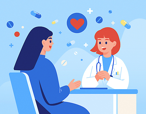 여자 일러스트 의학 병원 대화 상반신 성인 두명 치료 파란색 알약 환자 의사 질병 상담 진료실 성인여자만 국내일러스트 AI파일 컬러 말하기 사람 약 진료 의료진 여자만 성인만 파일형식 벡터