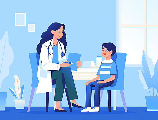 전신 여자 남자 초등학생 어린이 의자 일러스트 의학 병원 대화 앉기 소년 성인 두명 치료 파란색 환자 의사 다리꼬기 질병 상담 소아과 서류판 진료실 국내일러스트 AI파일 학생 컬러 가구 모션 말하기 사람 사무용품 진료 의료진 파일형식 벡터