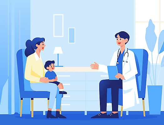 전신 여자 남자 아들 어린이 일러스트 의학 엄마 병원 대화 앉기 성인 치료 세명 파란색 환자 의사 아기 질병 상담 소아과 보호자 진료실 국내일러스트 AI파일 컬러 가족 모션 말하기 사람 진료 의료진 파일형식 벡터