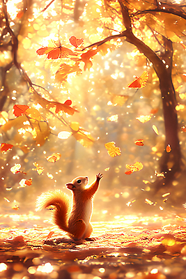 JPG 낙엽 일러스트 단풍나무 사람없음 햇빛 노란색 가을 숲 그림 다람쥐 국내일러스트 AI일러스트 AI콘텐츠 나무 계절 컬러 단풍 잎 태양 설치류 파일형식