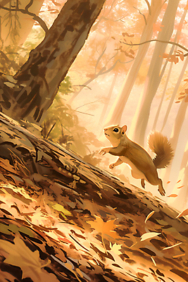 JPG 나무 낙엽 일러스트 사람없음 햇빛 갈색 가을 숲 그림 다람쥐 국내일러스트 AI일러스트 AI콘텐츠 식물 계절 컬러 잎 태양 설치류 파일형식