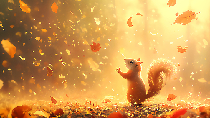 JPG 단풍 낙엽 일러스트 사람없음 햇빛 노란색 가을 숲 그림 다람쥐 국내일러스트 AI일러스트 AI콘텐츠 계절 컬러 잎 태양 설치류 파일형식