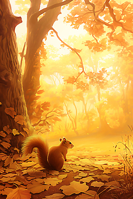 JPG 낙엽 일러스트 단풍나무 사람없음 햇빛 노란색 가을 숲 그림 다람쥐 국내일러스트 AI일러스트 AI콘텐츠 나무 계절 컬러 단풍 잎 태양 설치류 파일형식