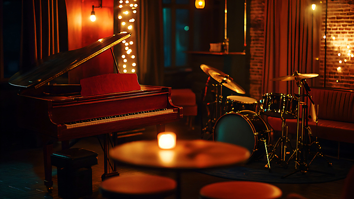 JPG 편집이미지 조명 사람없음 피아노 디지털합성 드럼 재즈 편집실사 재즈바 AI포토 AI콘텐츠 음악 타악기 바 건반악기 CG 파일형식