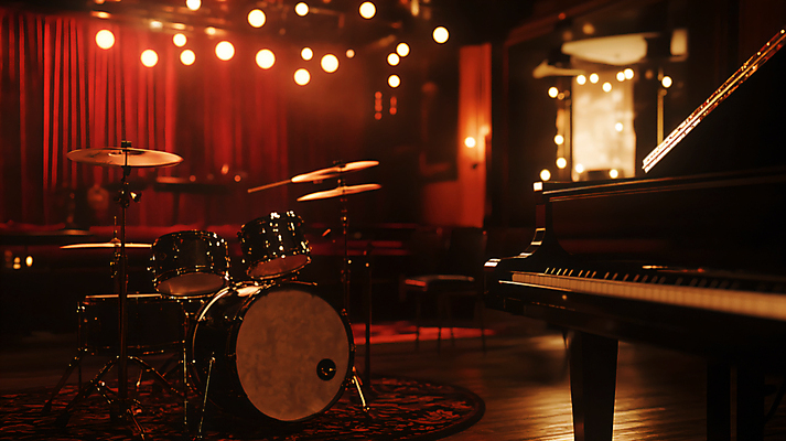 JPG 편집이미지 조명 사람없음 피아노 디지털합성 드럼 재즈 편집실사 재즈바 AI포토 AI콘텐츠 음악 타악기 바 건반악기 CG 파일형식