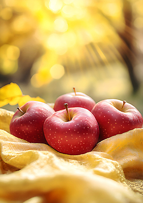 JPG 편집이미지 낙엽 사람없음 햇빛 가을 사과 천 디지털합성 편집실사 홍로 AI포토 AI콘텐츠 계절 잎 과일 태양 직물 CG 파일형식