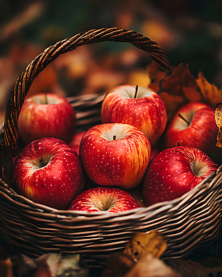 JPG 편집이미지 낙엽 사람없음 바구니 가을 사과 디지털합성 편집실사 홍로 AI포토 AI콘텐츠 계절 잎 과일 CG 파일형식