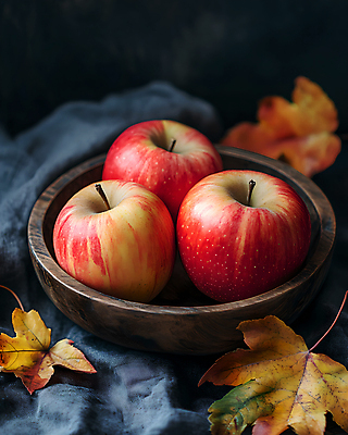 JPG 편집이미지 낙엽 사람없음 가을 사과 천 디지털합성 나무그릇 편집실사 홍로 AI포토 AI콘텐츠 그릇 계절 잎 과일 목재 직물 CG 파일형식