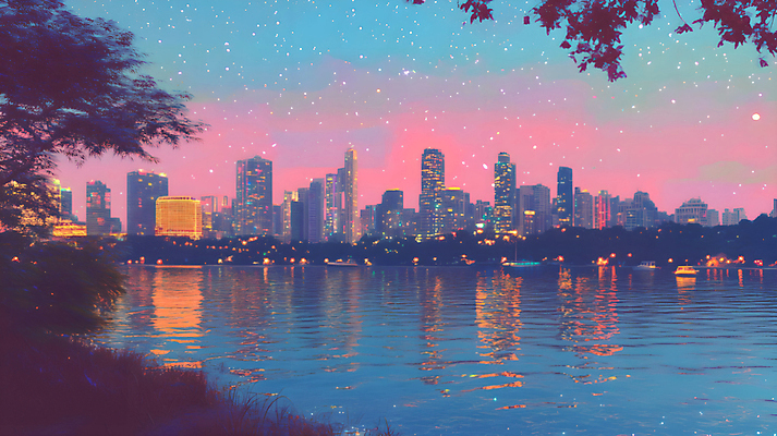 JPG 나무 편집이미지 호수 야경 빌딩 사람없음 건물 반사 도시 디지털합성 편집실사 식물 건축물 야간 CG 파일형식 풍경_경치