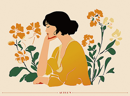 모델 여자 패션 꽃 일러스트 한명 상반신 성인 옆모습 뷰티 노란색 턱괴기 가을 복고 감성 베이지색 성인여자한명만 국내일러스트 AI파일 식물 1 계절 뷰포인트 컬러 컨셉 모션 사람 여자한명만 성인여자만 파일형식 벡터