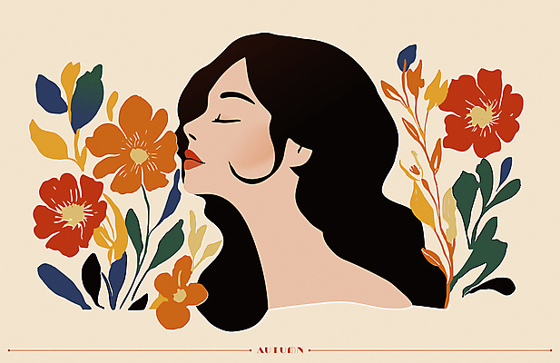 모델 여자 패션 꽃 일러스트 한명 상반신 성인 옆모습 뷰티 가을 복고 감성 베이지색 성인여자한명만 국내일러스트 AI파일 식물 1 계절 뷰포인트 컬러 컨셉 사람 여자한명만 성인여자만 파일형식 벡터