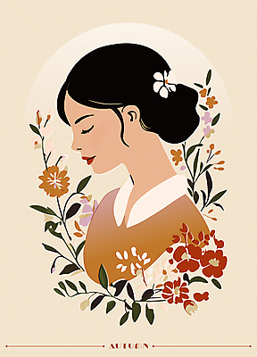 모델 여자 패션 꽃 잎 일러스트 한명 미소 상반신 성인 옆모습 뷰티 가을 복고 감성 베이지색 성인여자한명만 국내일러스트 AI파일 식물 1 계절 뷰포인트 컬러 컨셉 표정 사람 여자한명만 성인여자만 파일형식 벡터