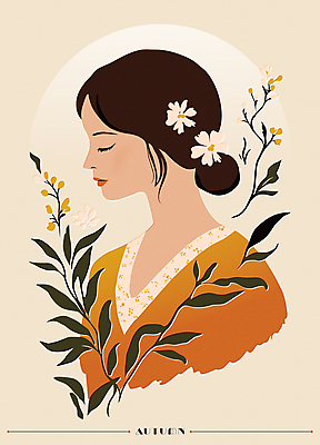 모델 여자 패션 꽃 잎 일러스트 한명 상반신 성인 옆모습 뷰티 가을 복고 감성 베이지색 성인여자한명만 국내일러스트 AI파일 식물 1 계절 뷰포인트 컬러 컨셉 사람 여자한명만 성인여자만 파일형식 벡터