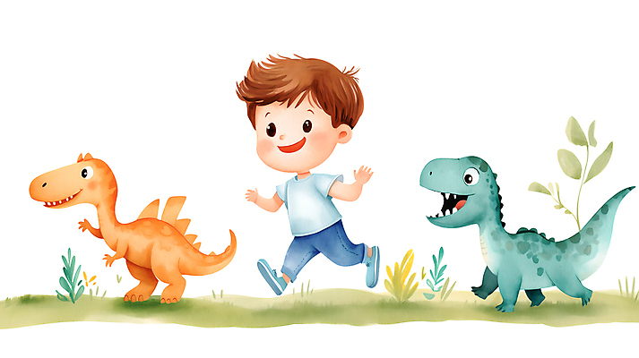 전신 PSD 남자 어린이 잎 일러스트 한명 소년 잔디 달리기 풀 즐거움 공룡 놀기 소년한명만 국내일러스트 식물 1 감정 파충류 모션 사람 남자한명만 소년만 파일형식