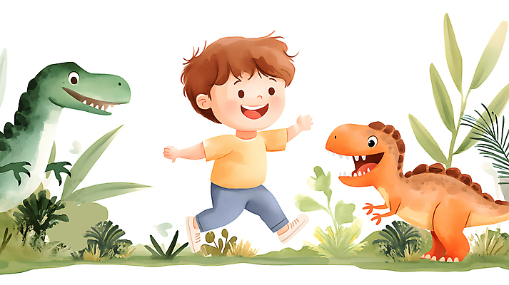 전신 PSD 남자 어린이 잎 일러스트 한명 소년 잔디 달리기 풀 즐거움 공룡 놀기 소년한명만 국내일러스트 식물 1 감정 파충류 모션 사람 남자한명만 소년만 파일형식