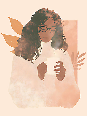 PSD 여자 커피 일러스트 나뭇잎 수채화 한명 들기 상반신 성인 컵 갈색 눈감음 마시기 가을 수증기 커피잔 감성 성인여자한명만 안경낌 2025년 트렌드컬러 국내일러스트 모카무스 1 식기 계절 안경 음료 컬러 컨셉 잎 모션 잔 사람 연도 여자한명만 성인여자만 파일형식