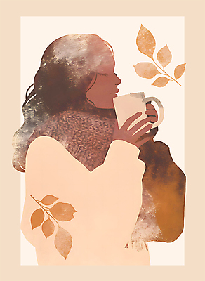 PSD 여자 커피 일러스트 나뭇잎 수채화 한명 들기 상반신 성인 컵 갈색 눈감음 마시기 가을 커피잔 감성 성인여자한명만 2025년 트렌드컬러 국내일러스트 모카무스 1 식기 계절 음료 컬러 컨셉 잎 모션 잔 사람 연도 여자한명만 성인여자만 파일형식