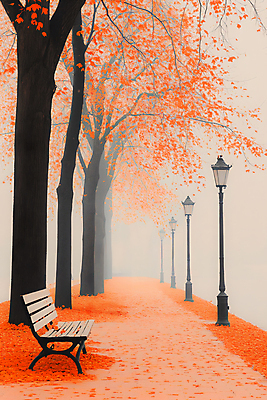 JPG 길 단풍 낙엽 가로등 벤치 일러스트 단풍나무 사람없음 가을풍경 주황색 가을 가로수 국내일러스트 AI일러스트 AI콘텐츠 나무 계절 공공시설 컬러 잎 의자 풍경 파일형식 가을_계절