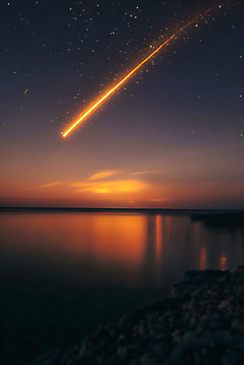 JPG 편집이미지 바다 밤하늘 사람없음 반사 노을 주황색 유성 편집실사 AI컴퓨터그래픽 AI콘텐츠 자연요소 컬러 하늘 야간 CG 파일형식