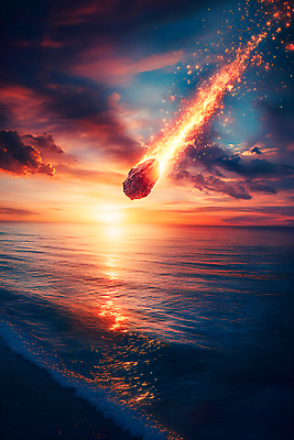 JPG 편집이미지 바다 사람없음 햇빛 반사 노을 유성 운석 편집실사 AI컴퓨터그래픽 AI콘텐츠 자연요소 태양 CG 파일형식