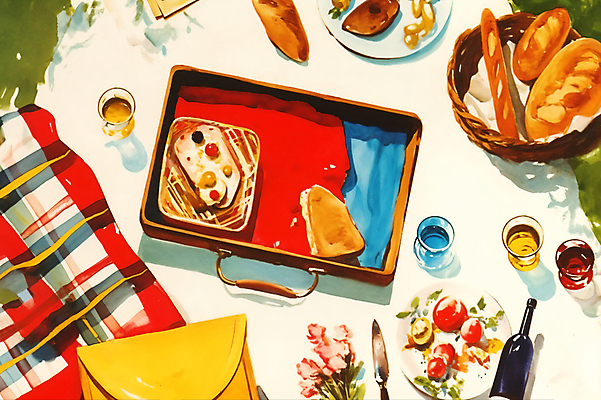 JPG 빵 과일 일러스트 잔 수채화 사람없음 빨간색 소풍 바구니 와인 빈티지 돗자리 복고 도시락 감성 국내일러스트 AI일러스트 AI콘텐츠 식기 음식 컬러 컨셉 주류 야외활동 파일형식