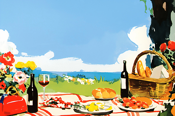 JPG 나무 빵 와인잔 과일 일러스트 수채화 사람없음 소풍 바구니 빈티지 레드와인 와인병 돗자리 복고 도시락 감성 국내일러스트 AI일러스트 AI콘텐츠 식물 음식 컨셉 술잔 병_용기 야외활동 와인 파일형식