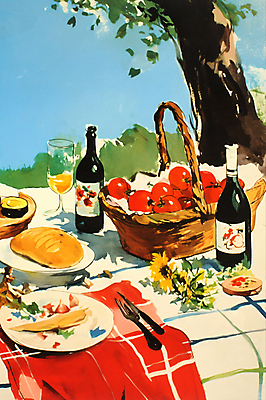 JPG 나무 빵 일러스트 잔 수채화 사람없음 빨간색 소풍 바구니 빈티지 사과 와인병 돗자리 복고 도시락 감성 국내일러스트 AI일러스트 AI콘텐츠 식물 식기 음식 컬러 컨셉 과일 병_용기 야외활동 와인 파일형식