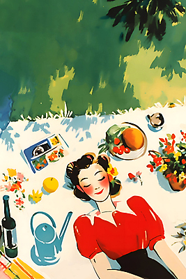 JPG 여자 음식 빵 과일 일러스트 수채화 그림자 한명 성인 눕기 소풍 바구니 와인 눈감음 빈티지 돗자리 복고 낮잠 도시락 감성 성인여자한명만 국내일러스트 AI일러스트 AI콘텐츠 1 컨셉 모션 주류 사람 야외활동 잠 여자한명만 성인여자만 파일형식