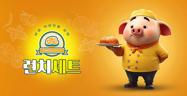 PSD 편집이미지 캐릭터 음식 안내 3D캐릭터 사람없음 세트 노란색 식당 돼지 메뉴 돼지캐릭터 점심식사 이미지편집 컬러 동물캐릭터 포유류 상점 식사 파일형식