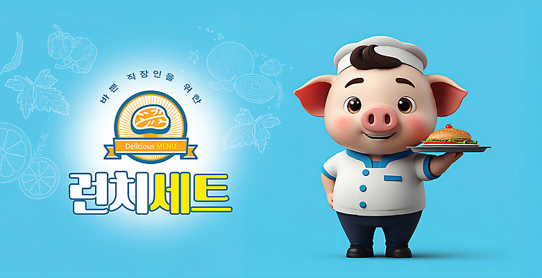 PSD 편집이미지 캐릭터 음식 하늘색 안내 3D캐릭터 사람없음 세트 식당 돼지 메뉴 돼지캐릭터 점심식사 이미지편집 동물캐릭터 포유류 파란색 상점 식사 파일형식