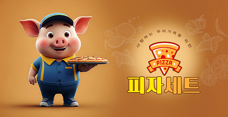 PSD 편집이미지 캐릭터 안내 피자 3D캐릭터 사람없음 갈색 돼지 메뉴 돼지캐릭터 피자집 이미지편집 컬러 동물캐릭터 포유류 패스트푸드 서양음식 상점 파일형식