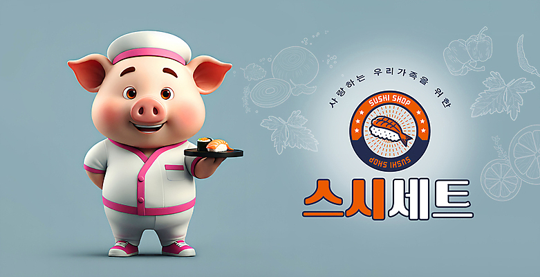 PSD 편집이미지 캐릭터 안내 3D캐릭터 사람없음 세트 초밥 회색 돼지 메뉴 돼지캐릭터 일식집 이미지편집 컬러 동물캐릭터 포유류 식당 일본음식 파일형식