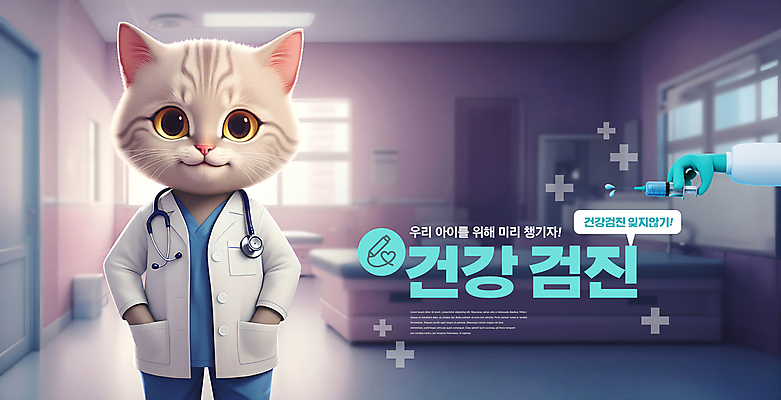 PSD 편집이미지 캐릭터 손 의학 3D캐릭터 건강 주사기 들기 신체부위 의사가운 고양이캐릭터 동물병원 수의사 건강검진 이미지편집 동물캐릭터 의료기기 모션 병원 사람 고양이 의사 가운 검사_조사 파일형식