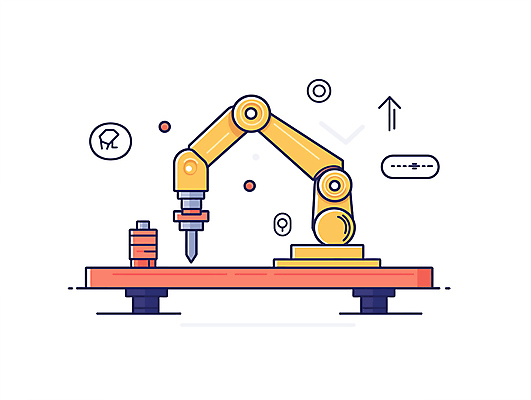 디자인 과학 일러스트 공장 기술 사람없음 빨간색 노란색 메카닉 로봇산업 로봇팔 자동화 작업대 국내일러스트 자동생산 기계공학 AI파일 산업 컬러 공업 생산 로봇 공학 파일형식 벡터